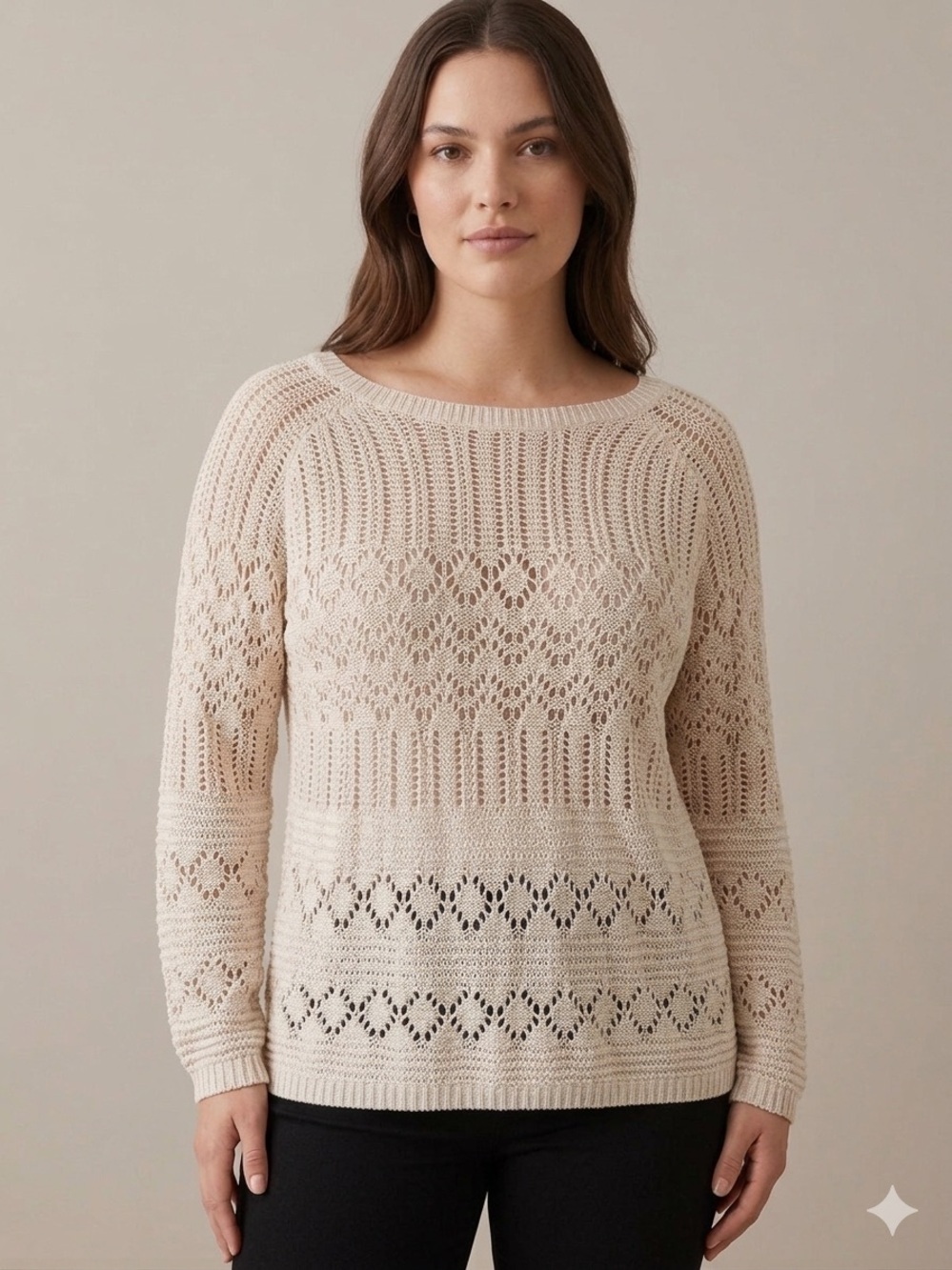 Garage Cream Open-Knit Scoop Neck Sweater Lace Garden S Cottagecore